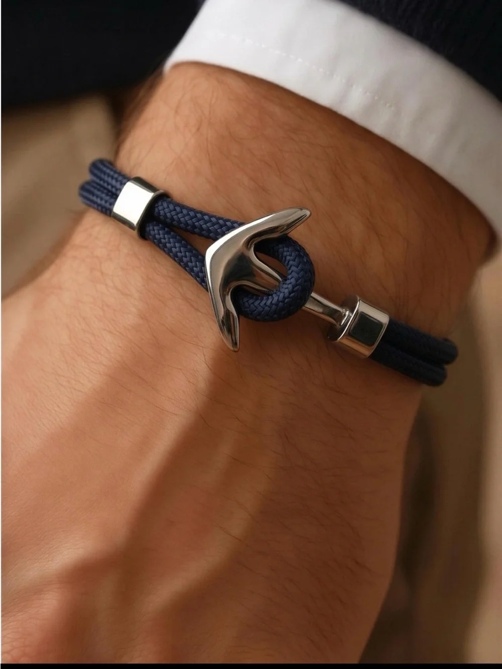 Roper Navy Rope Bracelet with Silver Anchor Hook